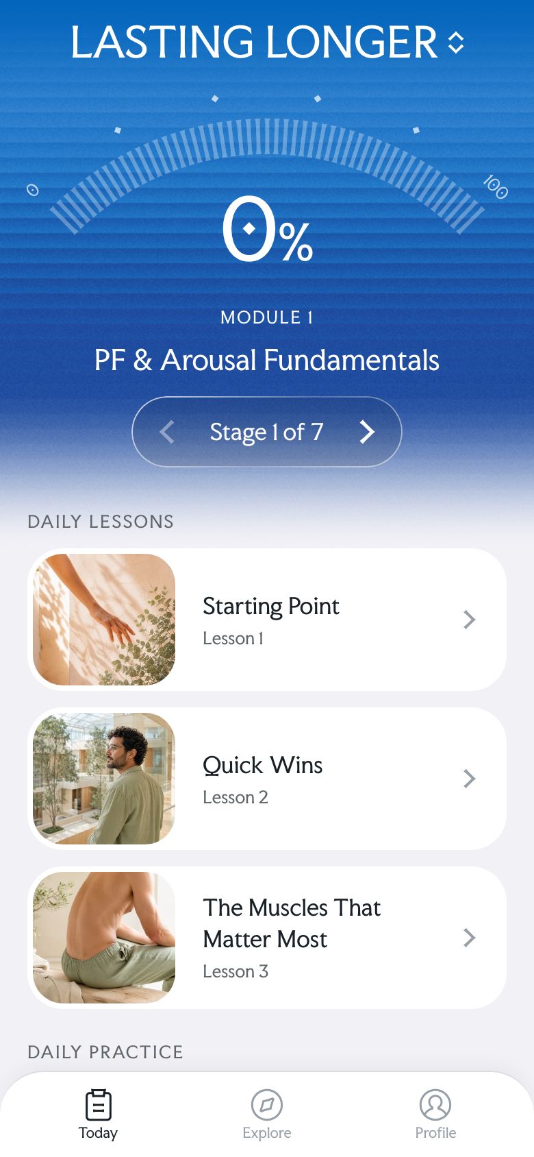 Today screen showing the day's two lessons and a workout, with a progress dial